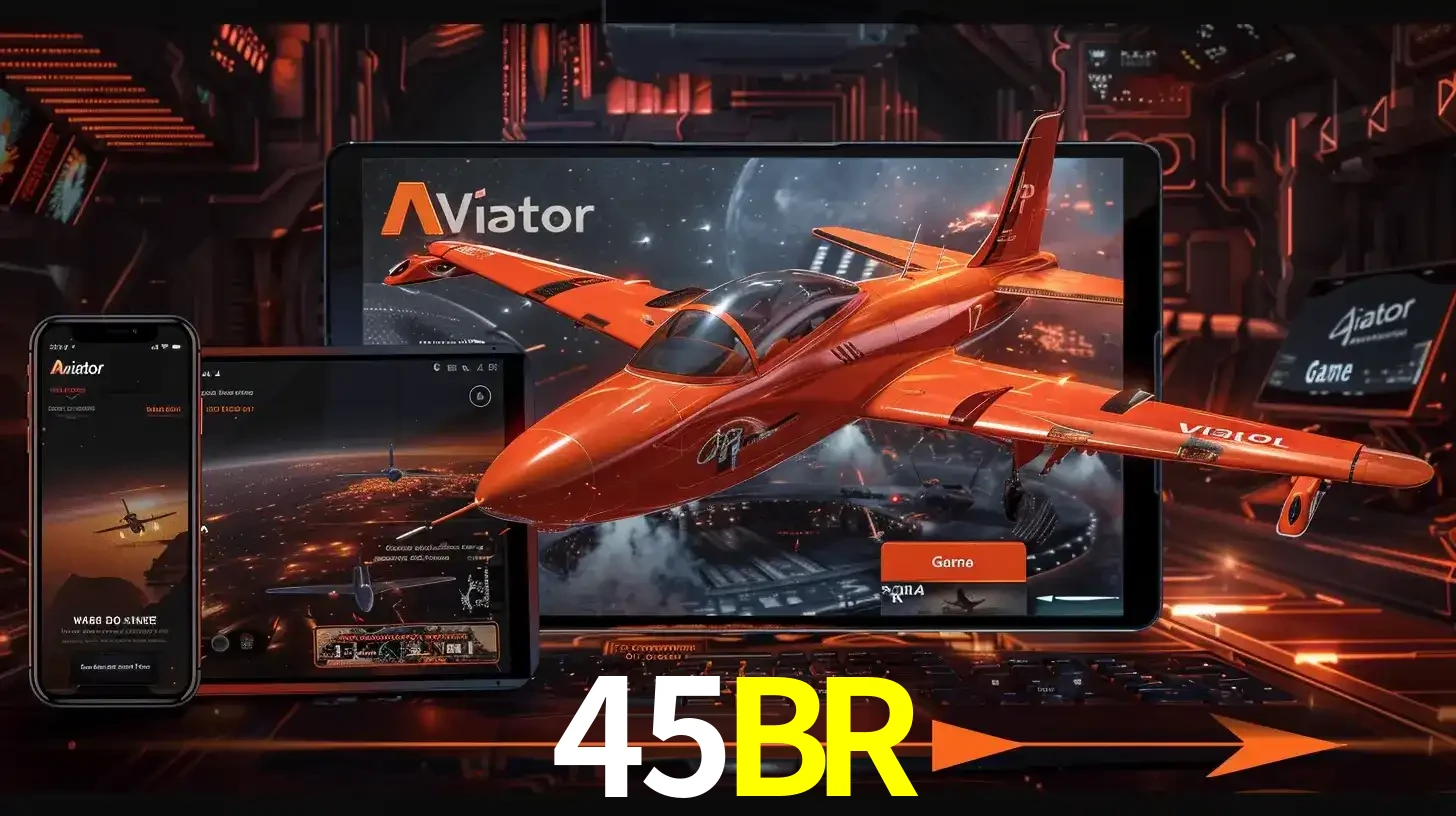 Apresentação tecnológica do jogo Aviator com um avião saindo da tela de um tablet, demonstrando a experiência imersiva em múltiplos dispositivos no 45BR.