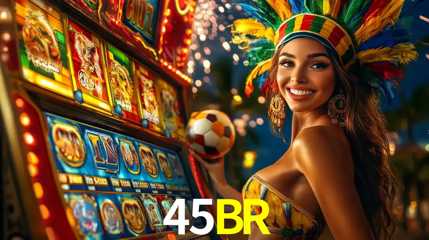 Mulher com um cocar de carnaval ao lado de uma máquina de caça-níqueis enquanto segura uma bola de futebol, mostrando a união da diversão de cassino e esportes no 45BR.