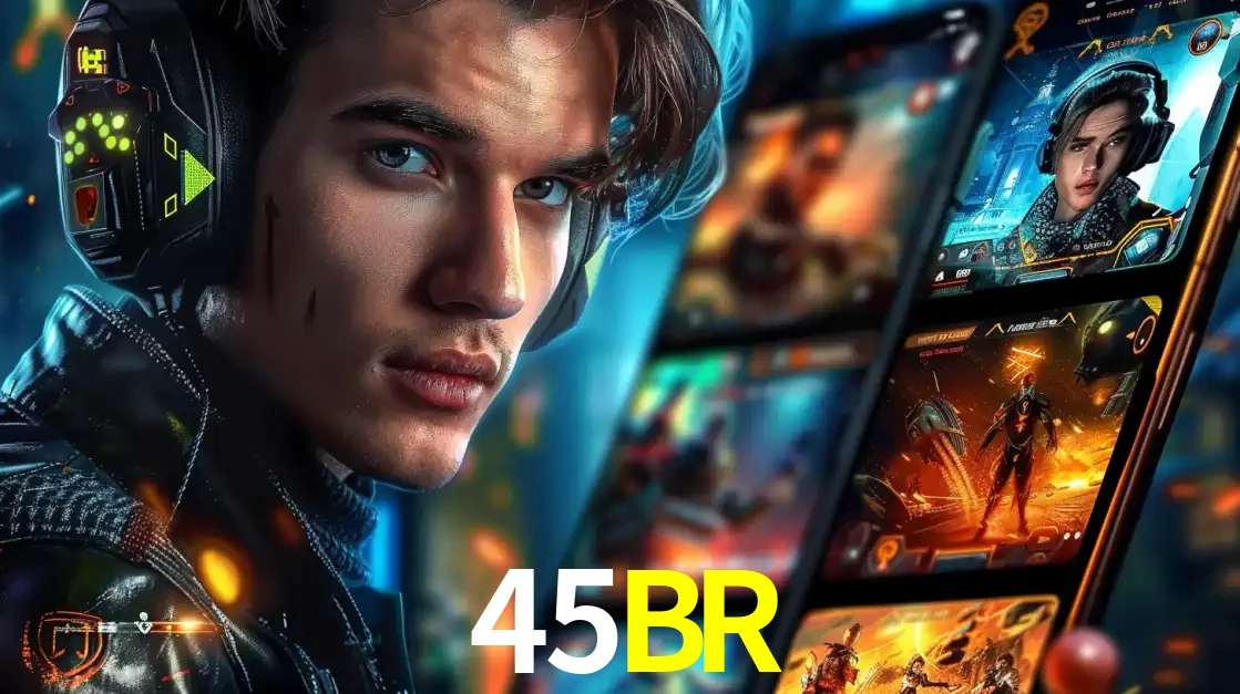 Jovem jogador com fones de ouvido olhando para a câmera, com um aplicativo de jogos e e-sports para celular ao fundo, pronto para a competição e apostas no 45BR.