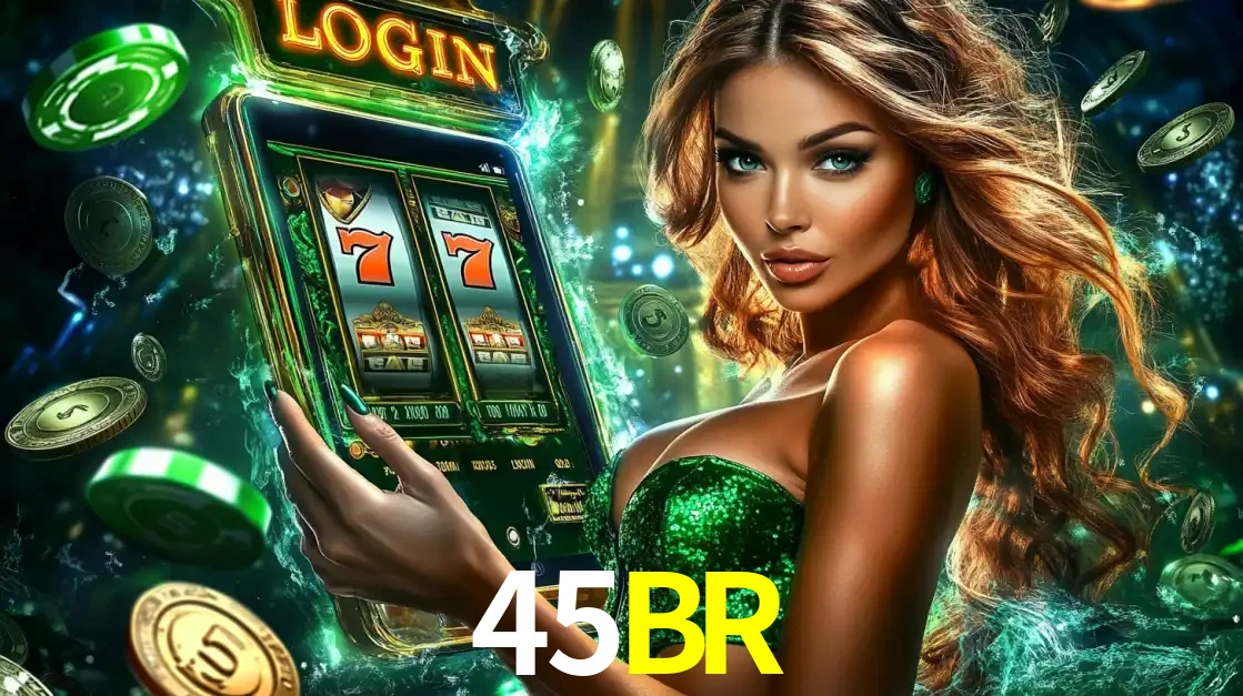 Mulher com tema verde apresentando o aplicativo do cassino 45BR com um jogo de slot de 777, cercada por fichas de cassino e uma aura de sorte.