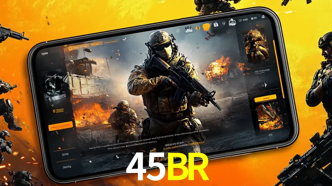 Um smartphone exibindo a interface de um jogo de tiro em primeira pessoa, com um soldado em um cenário de batalha, representando a ação dos e-sports para apostar no 45BR.