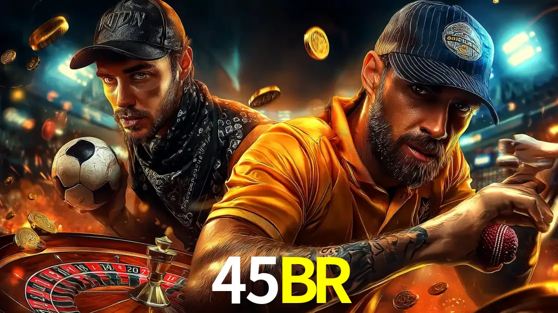 Montagem de apostas esportivas e cassino no 45BR, com um homem segurando uma bola de futebol e outro uma de beisebol sobre uma roleta e moedas voadoras.