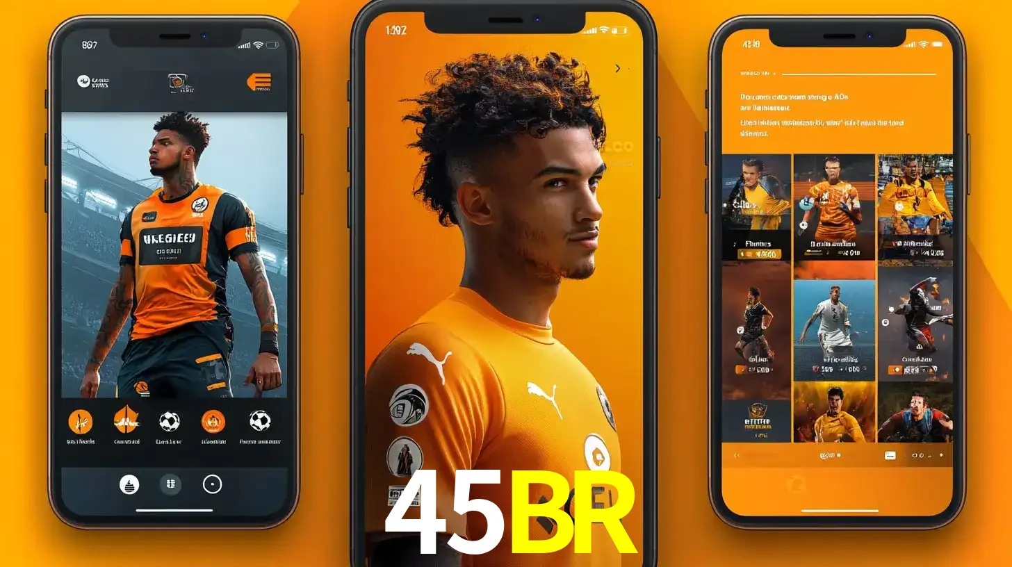 Interface do aplicativo de apostas esportivas 45BR em três telas de celular, mostrando o perfil de um jogador de futebol e a lista de jogos disponíveis para apostar.