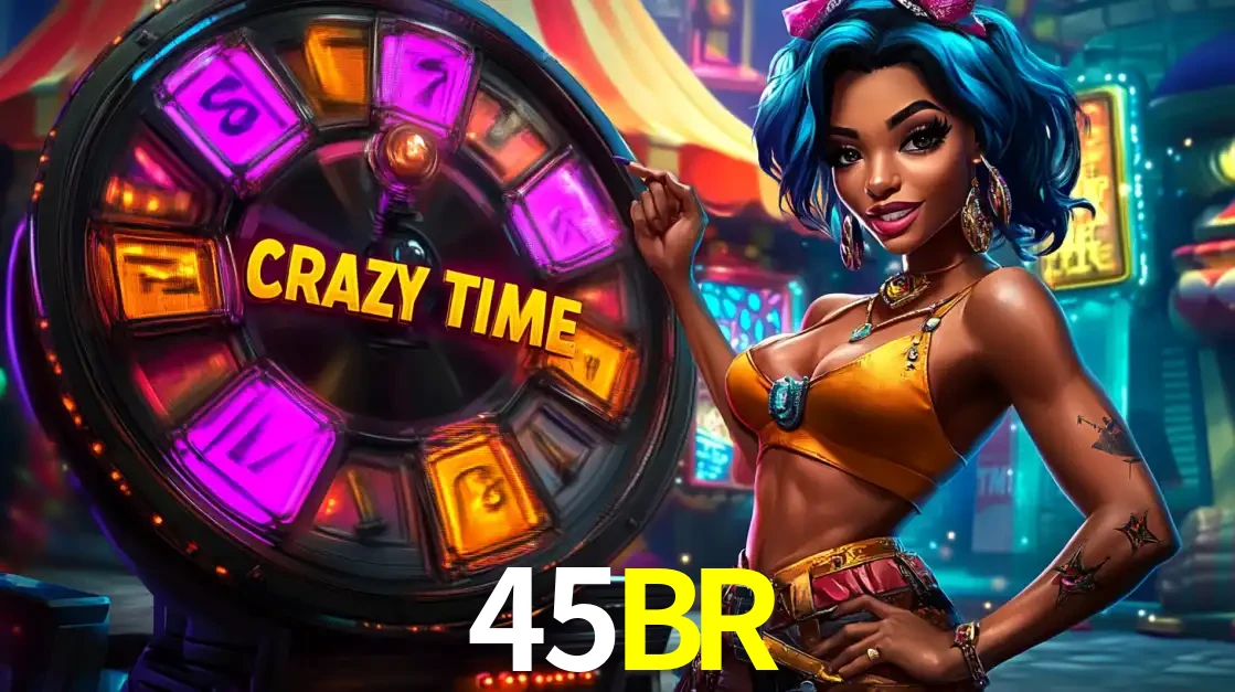 Mulher estilizada com cabelo azul e visual vibrante posando ao lado da roda de prêmios do game show Crazy Time, convidando para a diversão e os bônus do cassino 45BR.