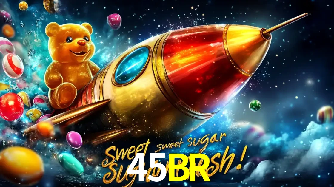 Arte promocional do jogo de slot Sugar Rush, com um urso de pelúcia em um foguete viajando pelo espaço de doces, um dos jogos divertidos disponíveis no cassino 45BR.