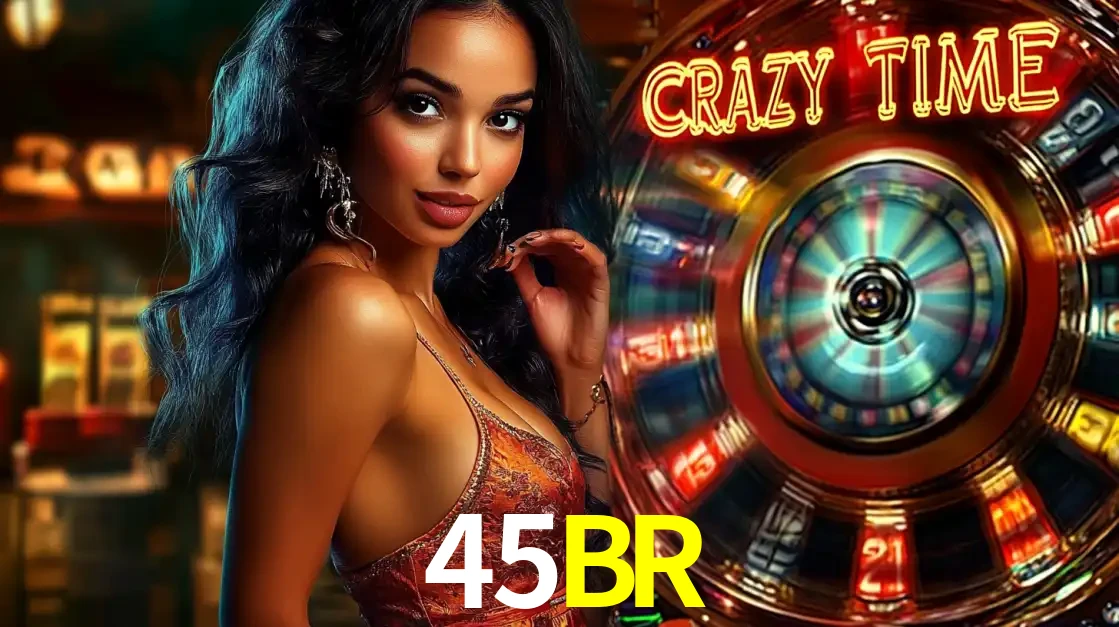 Mulher elegante ao lado da vibrante roda da fortuna do jogo de cassino ao vivo Crazy Time, um dos game shows mais populares e cheios de prêmios do 45BR.