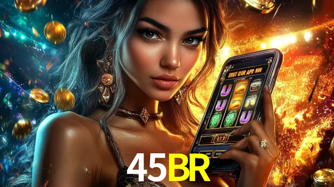 Mulher elegante mostrando um jogo de caça-níqueis em seu smartphone, destacando a experiência de cassino móvel oferecida pelo aplicativo 45BR.