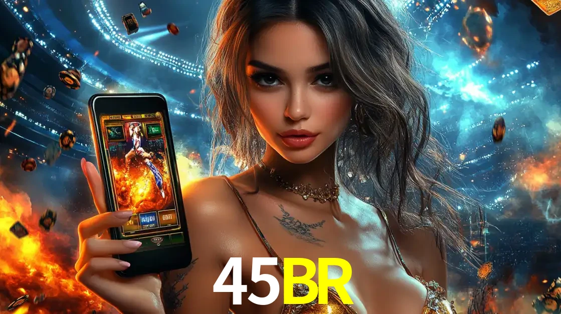 Mulher segurando um celular com um jogo de slot em destaque, tendo como fundo um estádio vibrante, simbolizando a emoção de jogar no cassino móvel 45BR.